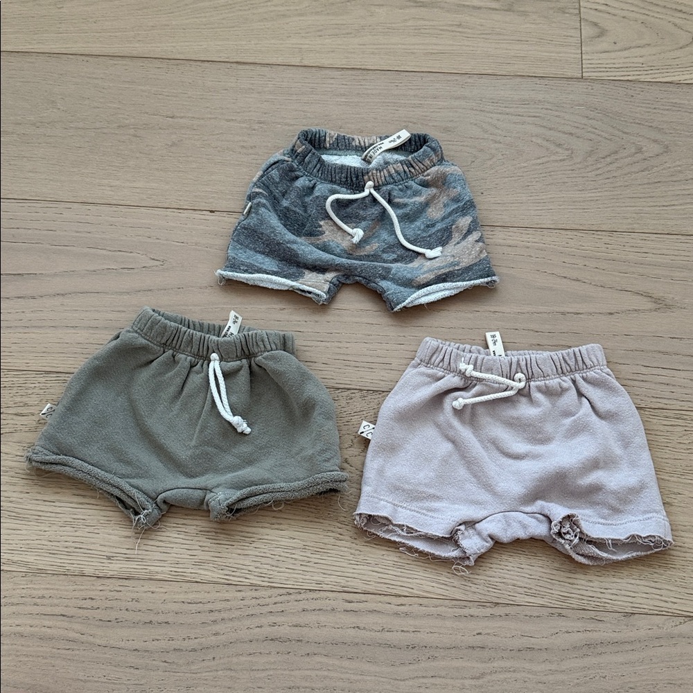Set of Three Baby Shorts in Gray, Green, and Pink
